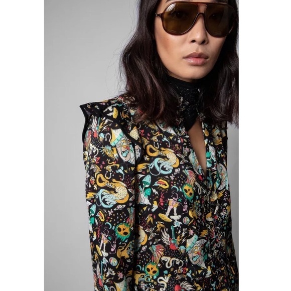 NEW ZADIG VOLTAIRE Circus Print Long Sleeve Tie Cuff Ruffled Button Up Dress XS - Picture 6 of 16